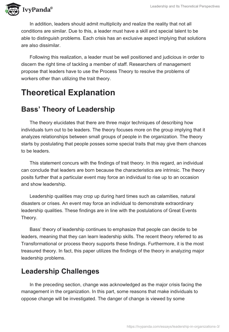 Leadership and Its Theoretical Perspectives. Page 3