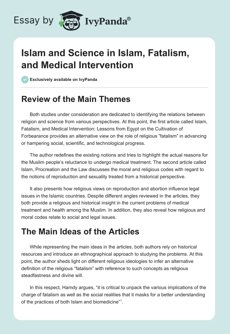 Islam and Science in Islam, Fatalism, and Medical Intervention. Page 1