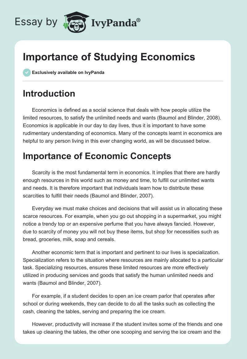 Importance of Studying Economics. Page 1