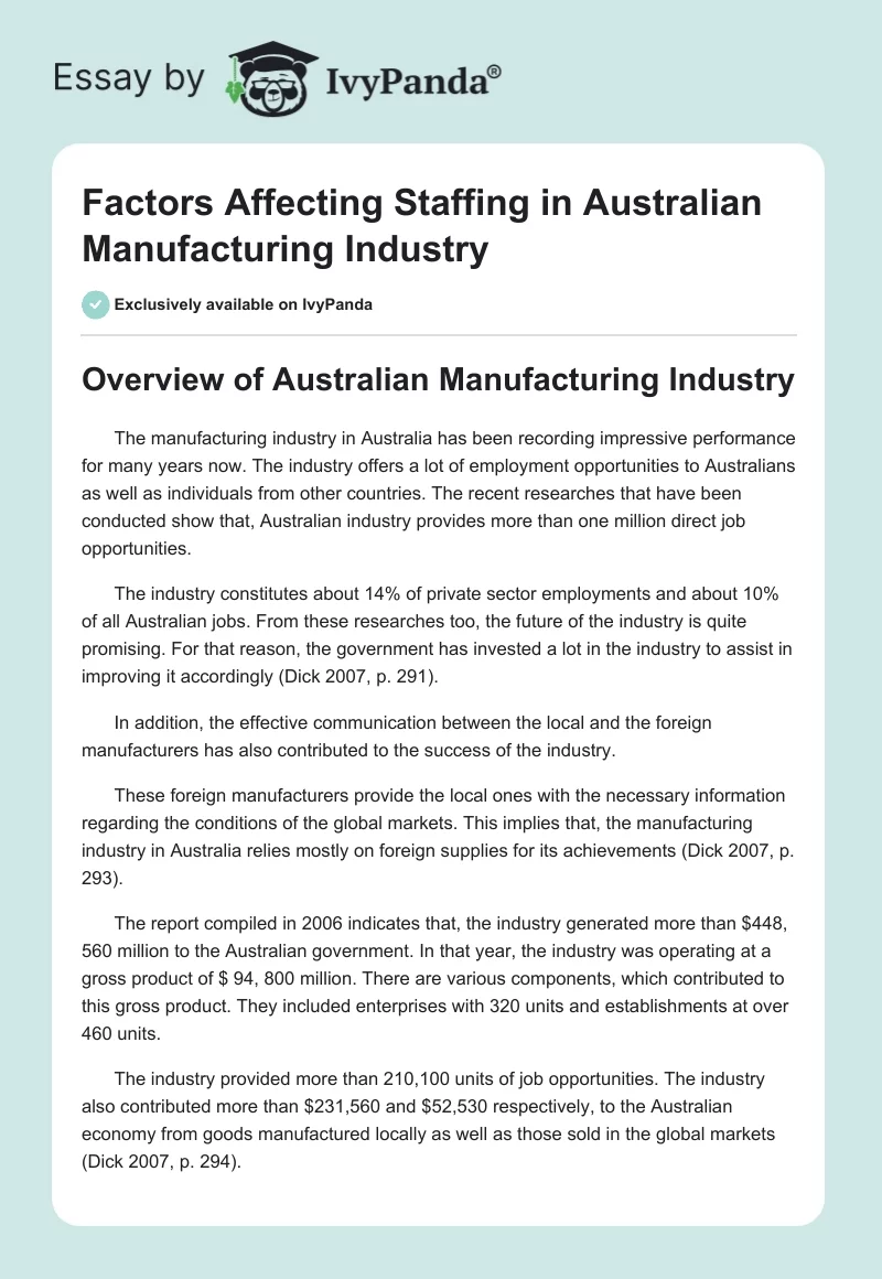 Factors Affecting Staffing in Australian Manufacturing Industry. Page 1