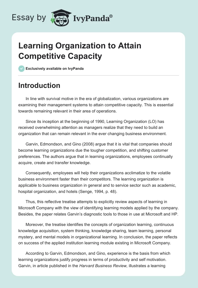 Learning Organization to Attain Competitive Capacity. Page 1