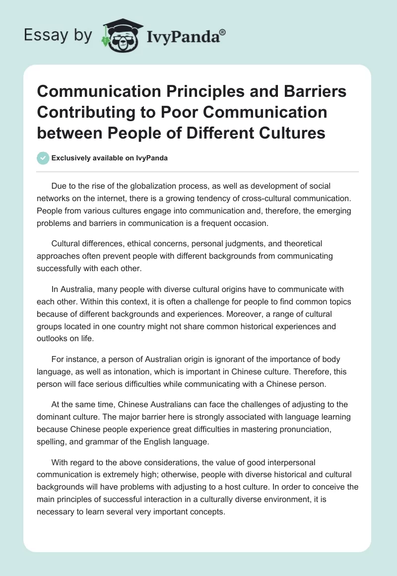 Communication Principles and Barriers Contributing to Poor Communication Between People of Different Cultures. Page 1