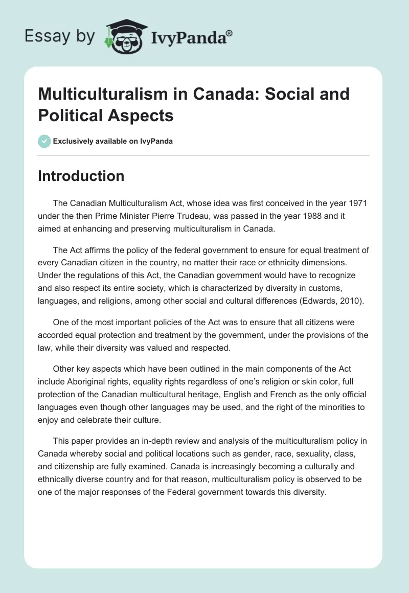 Multiculturalism in Canada: Social and Political Aspects. Page 1