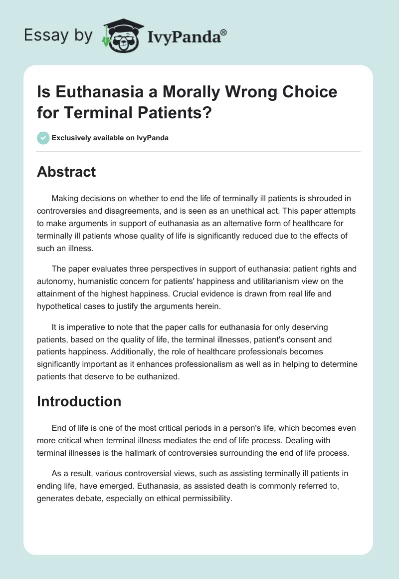 Is Euthanasia a Morally Wrong Choice for Terminal Patients?. Page 1