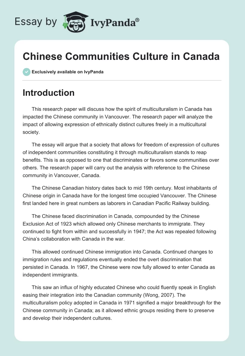 Chinese Communities Culture in Canada. Page 1