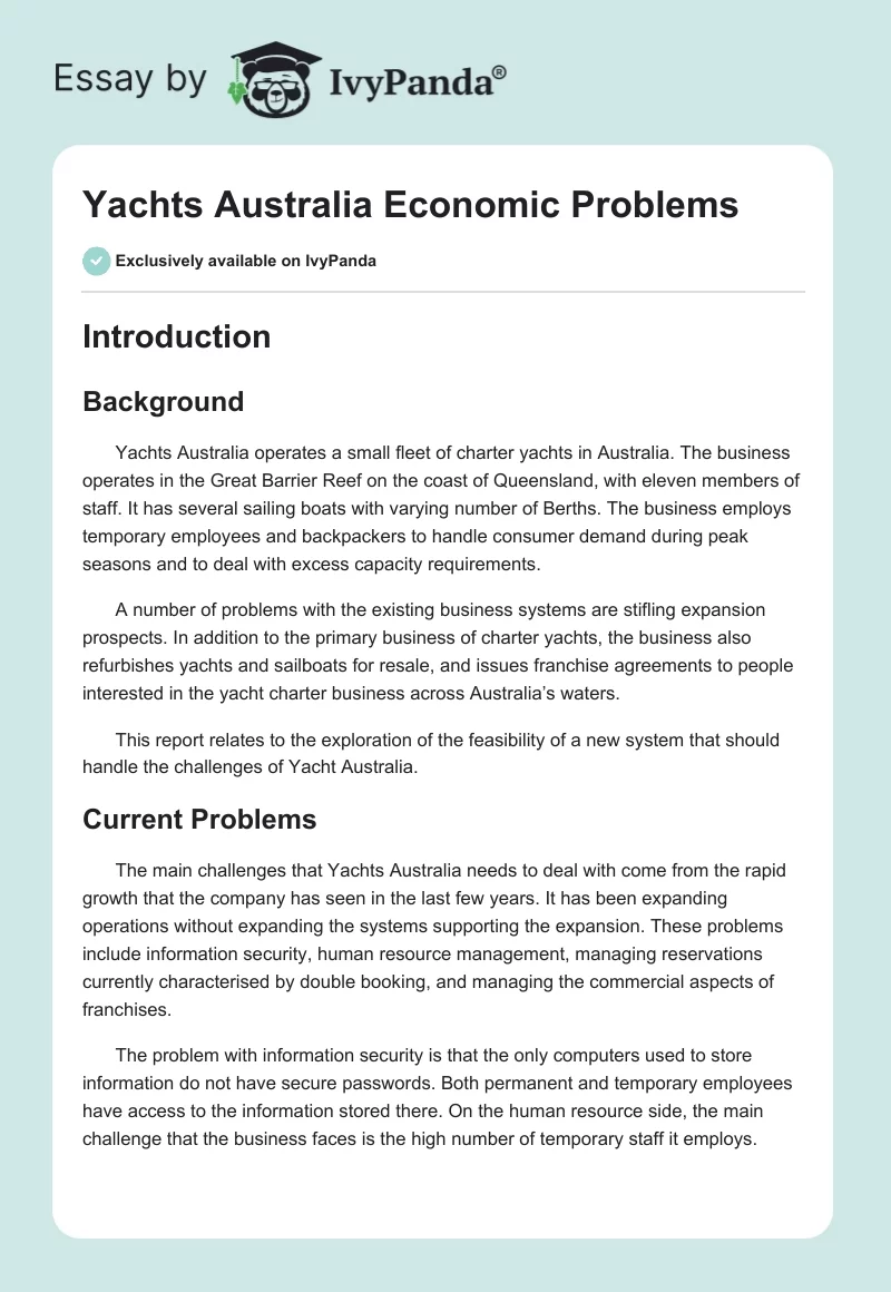 Yachts Australia Economic Problems. Page 1