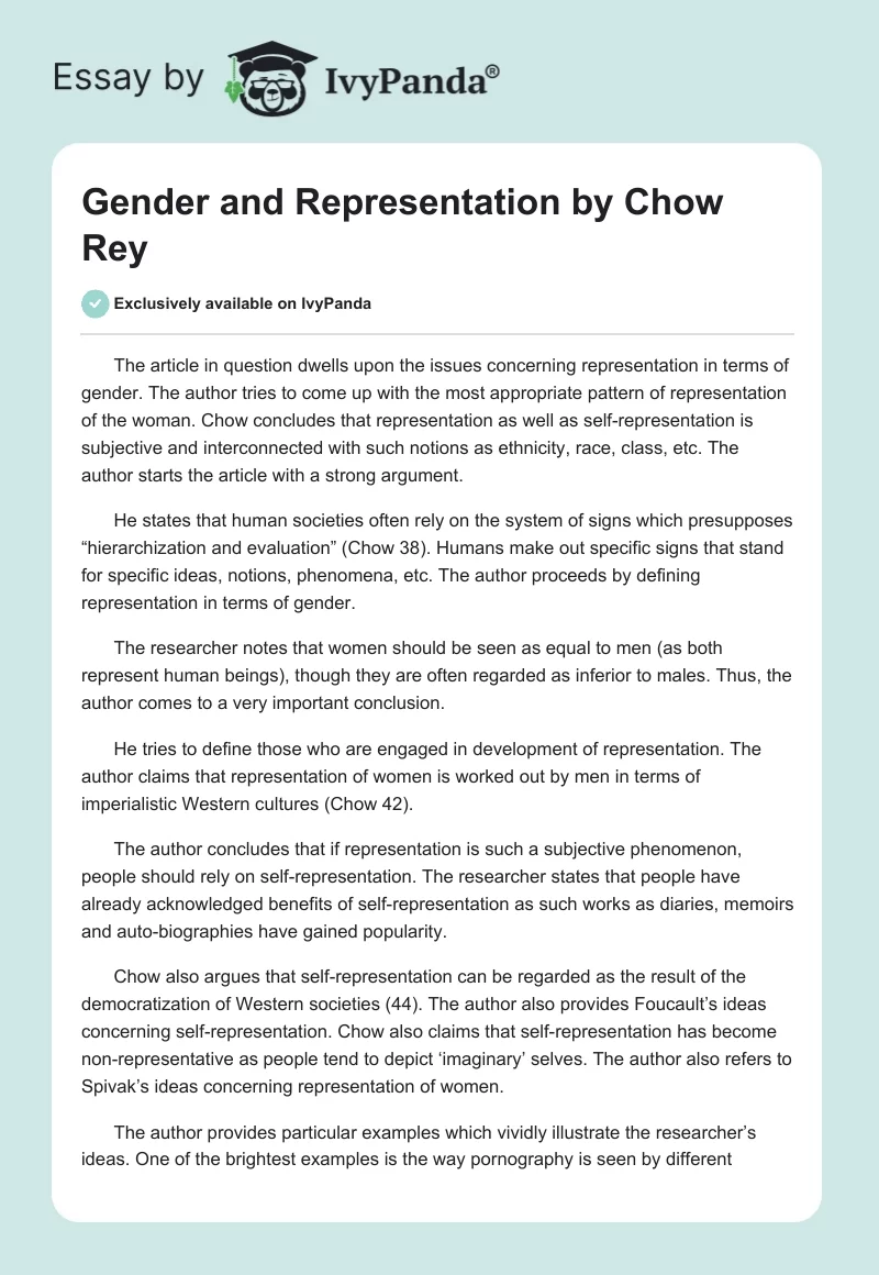 "Gender and Representation" by Chow Rey. Page 1