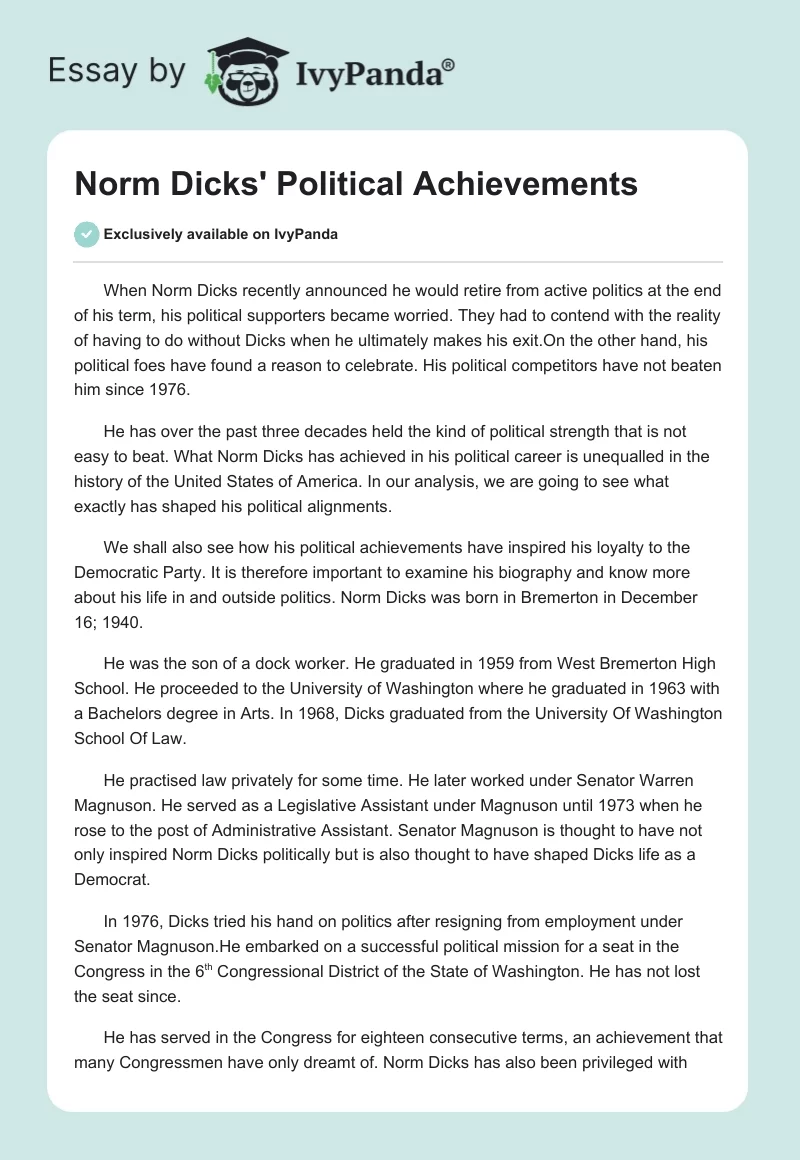 Norm Dicks' Political Achievements. Page 1