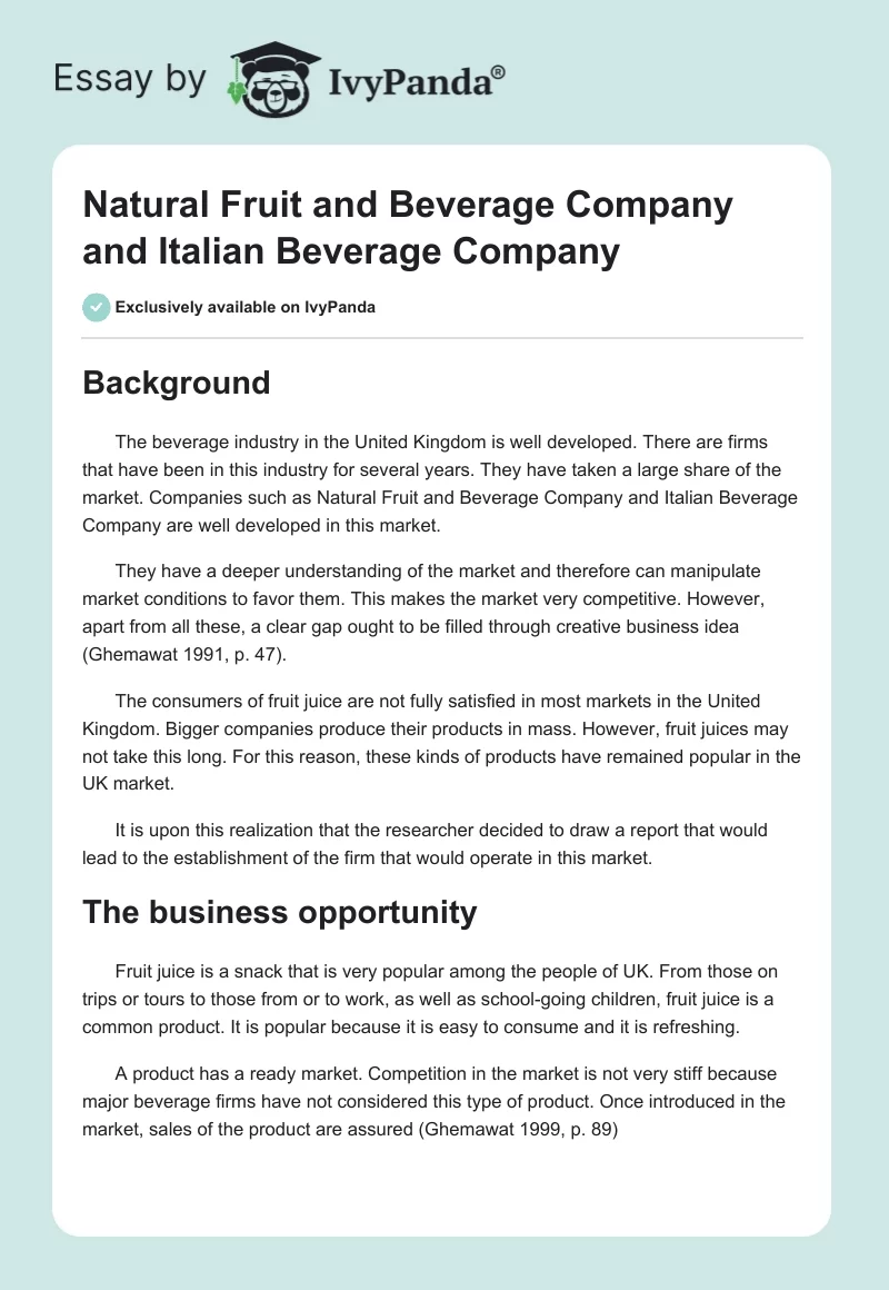 Natural Fruit and Beverage Company and Italian Beverage Company. Page 1