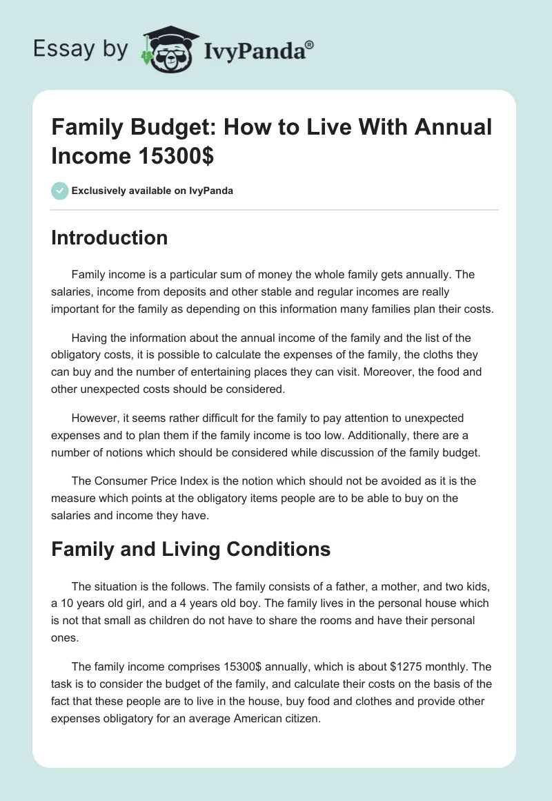Family Budget: How to Live With Annual Income 15300$. Page 1