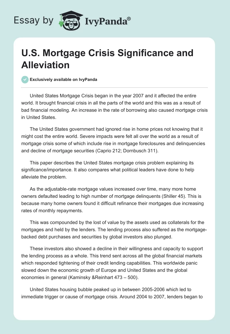 U.S. Mortgage Crisis Significance and Alleviation. Page 1