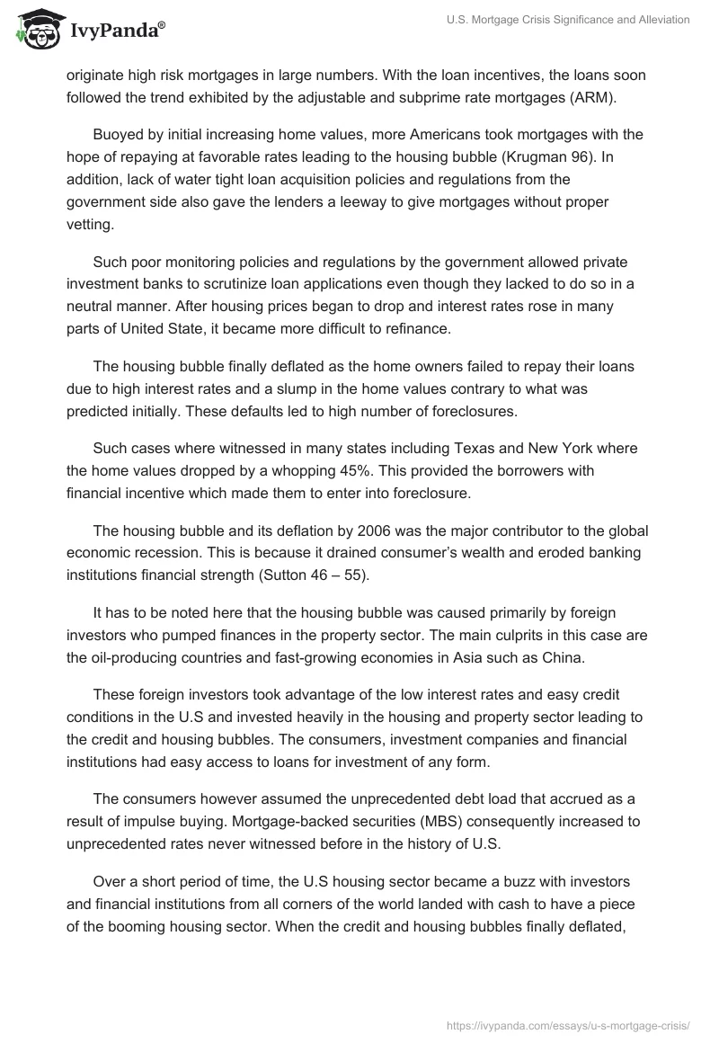 U.S. Mortgage Crisis Significance and Alleviation. Page 2