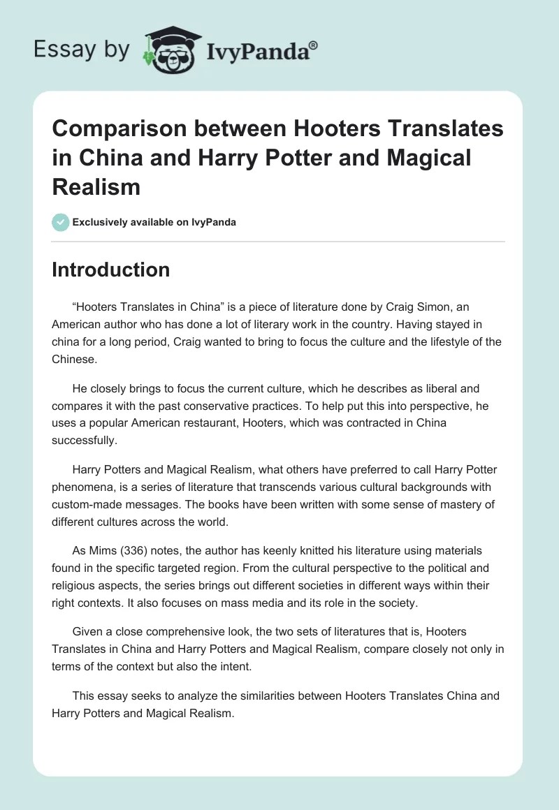 Comparison Between Hooters Translates in China and Harry Potter and Magical Realism. Page 1