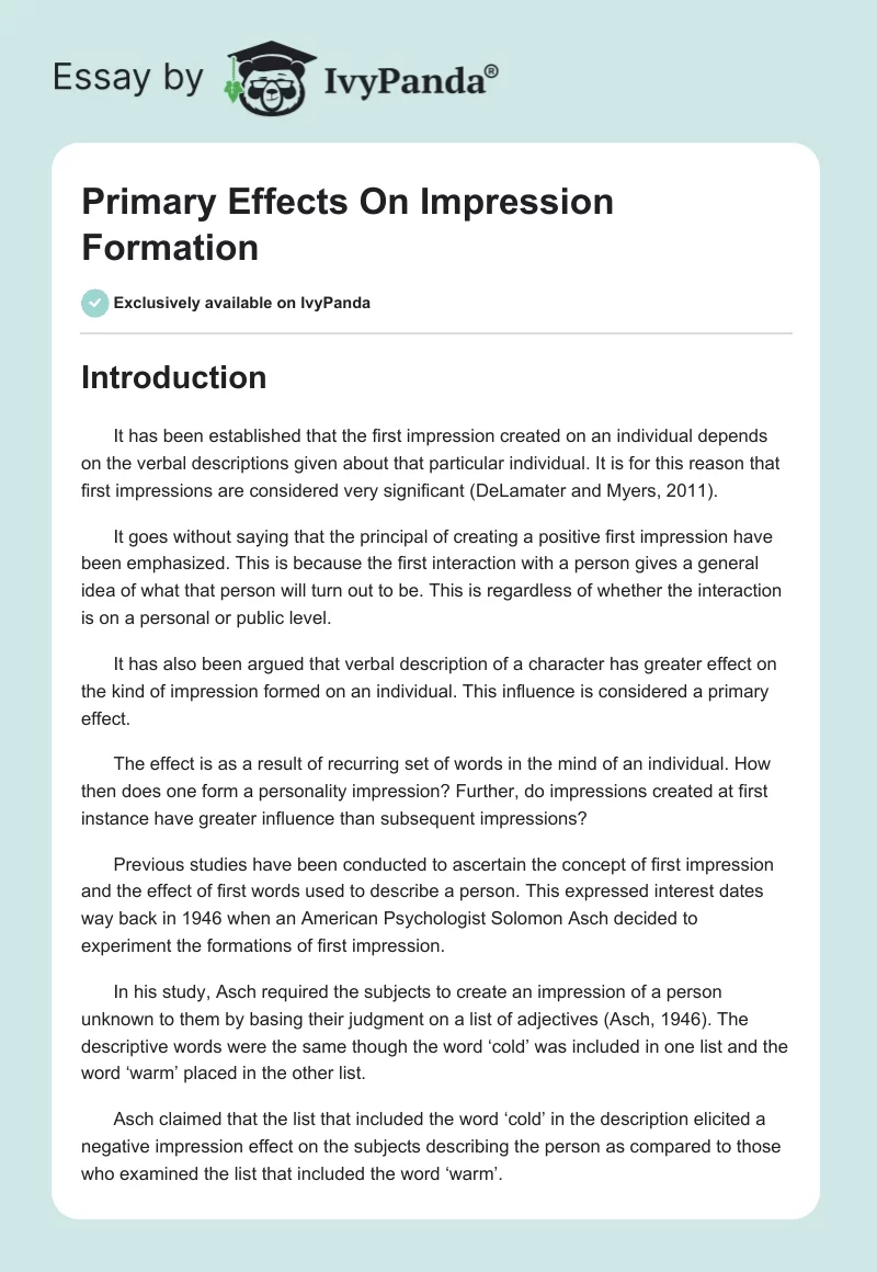Primary Effects On Impression Formation. Page 1