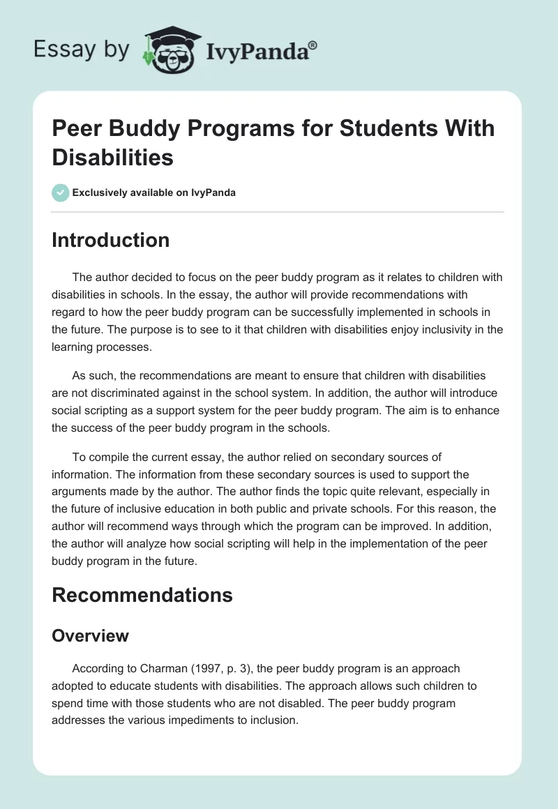 Peer Buddy Programs for Students With Disabilities. Page 1