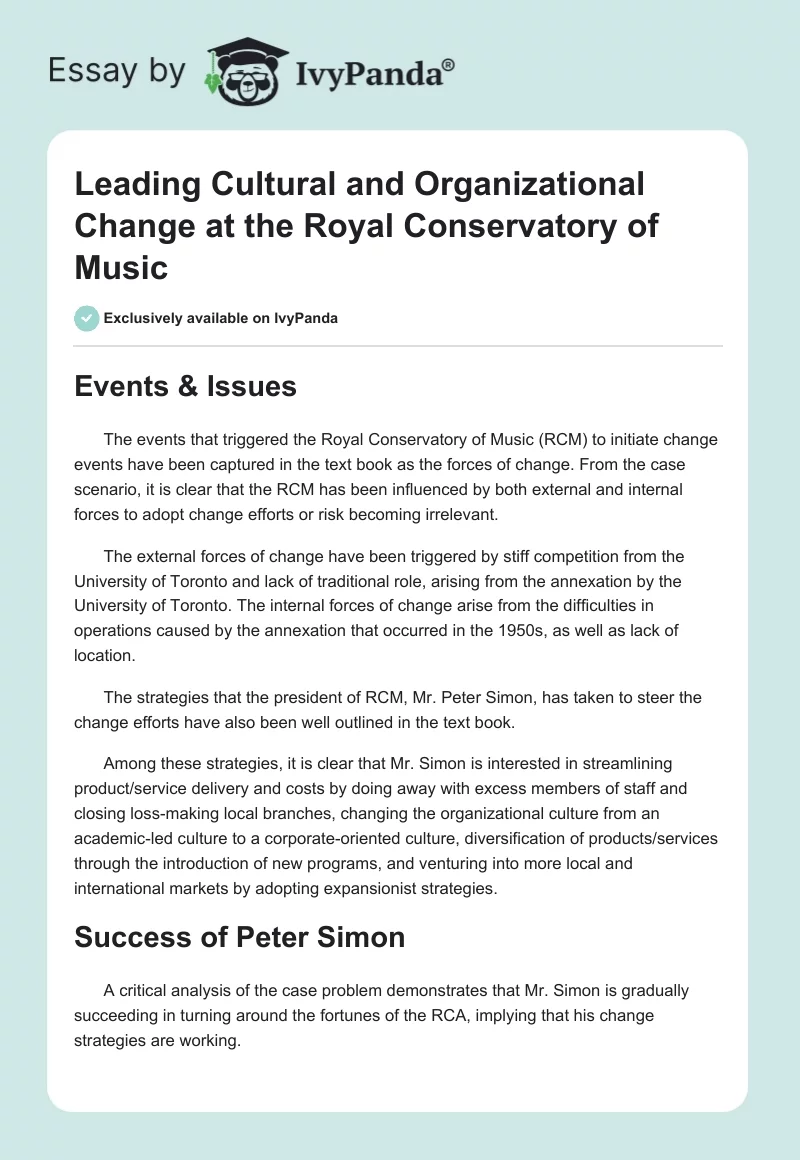 Leading Cultural and Organizational Change at the Royal Conservatory of Music. Page 1