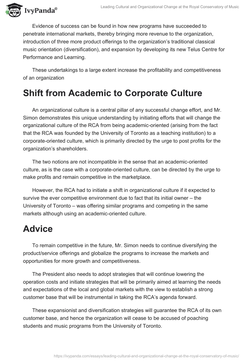 Leading Cultural and Organizational Change at the Royal Conservatory of Music. Page 2