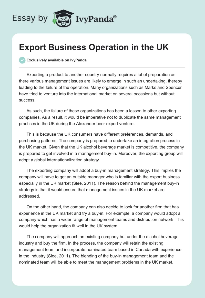 Export Business Operation in the UK. Page 1