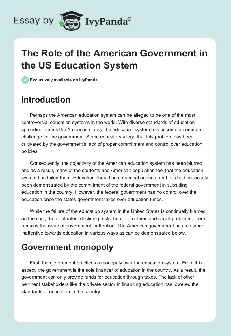 The Role of the American Government in the US Education System. Page 1