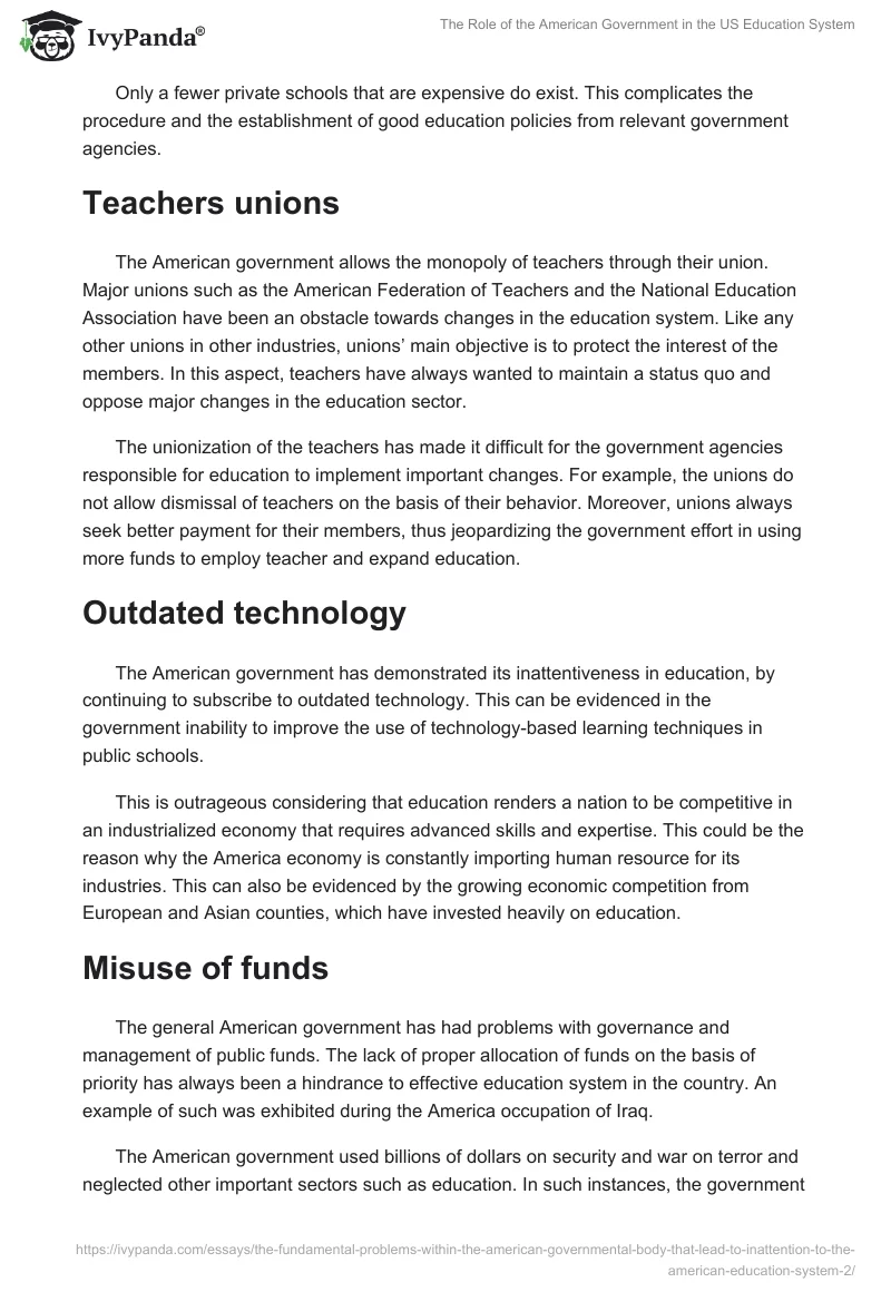 The Role of the American Government in the US Education System. Page 2