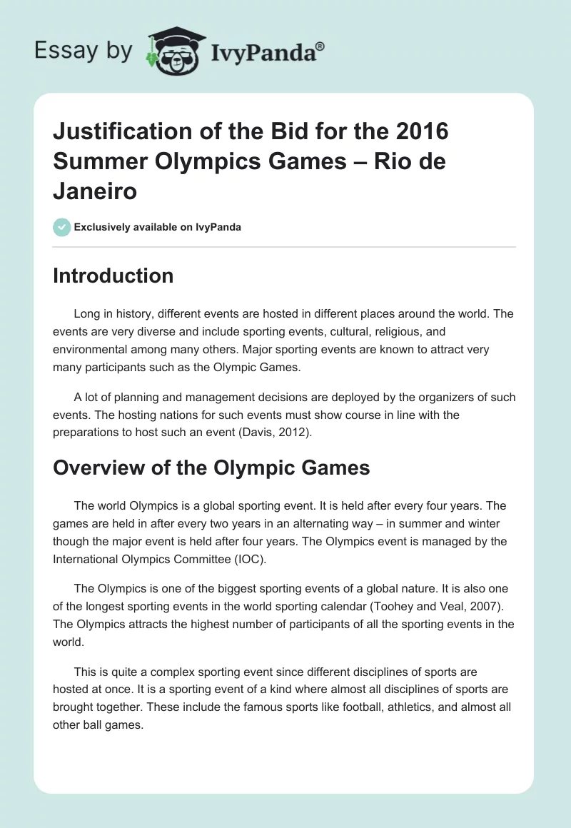 Justification of the Bid for the 2016 Summer Olympics Games – Rio de Janeiro. Page 1
