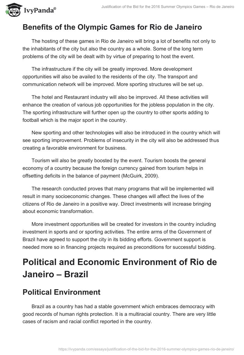 Justification of the Bid for the 2016 Summer Olympics Games – Rio de Janeiro. Page 5