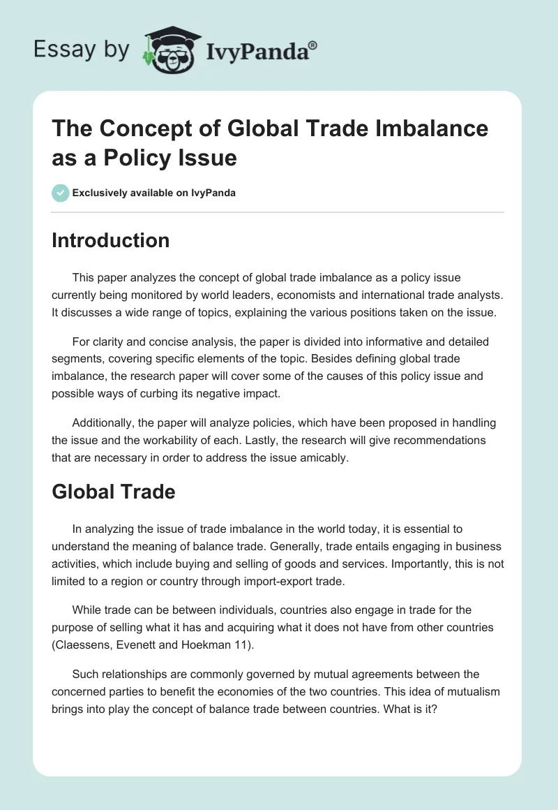 The Concept of Global Trade Imbalance as a Policy Issue. Page 1