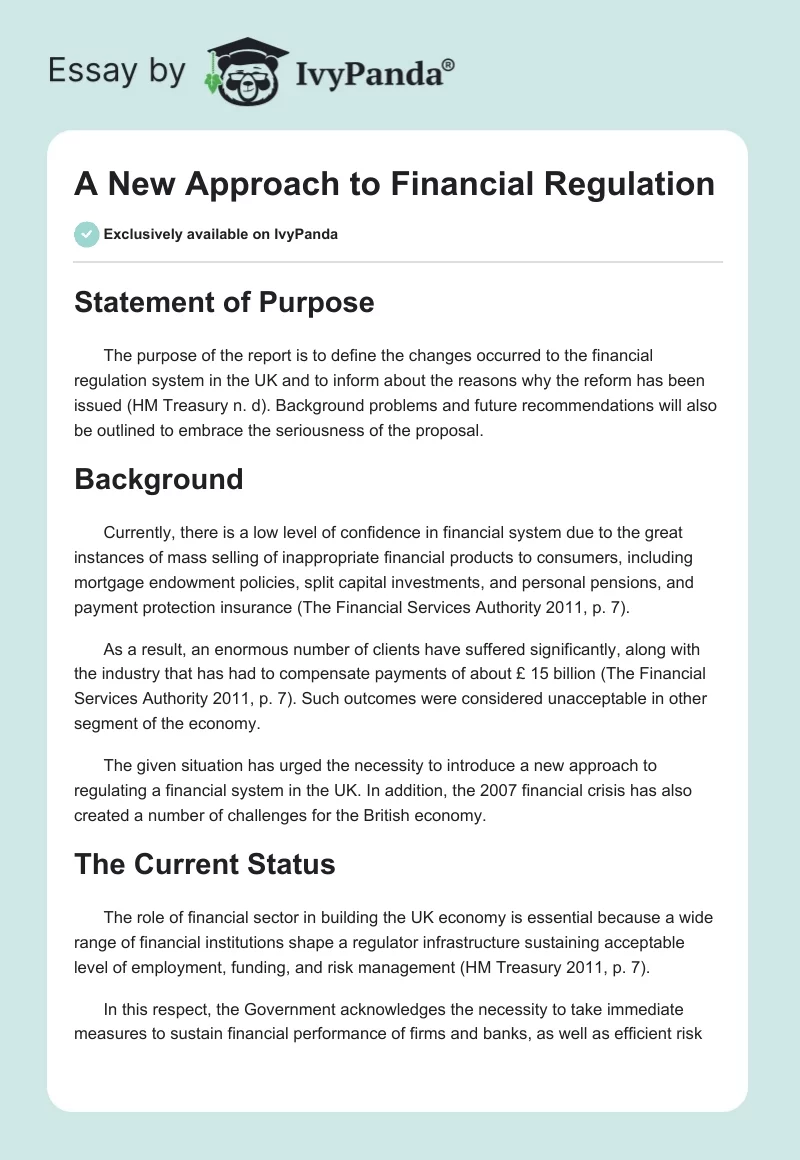 A New Approach to Financial Regulation. Page 1