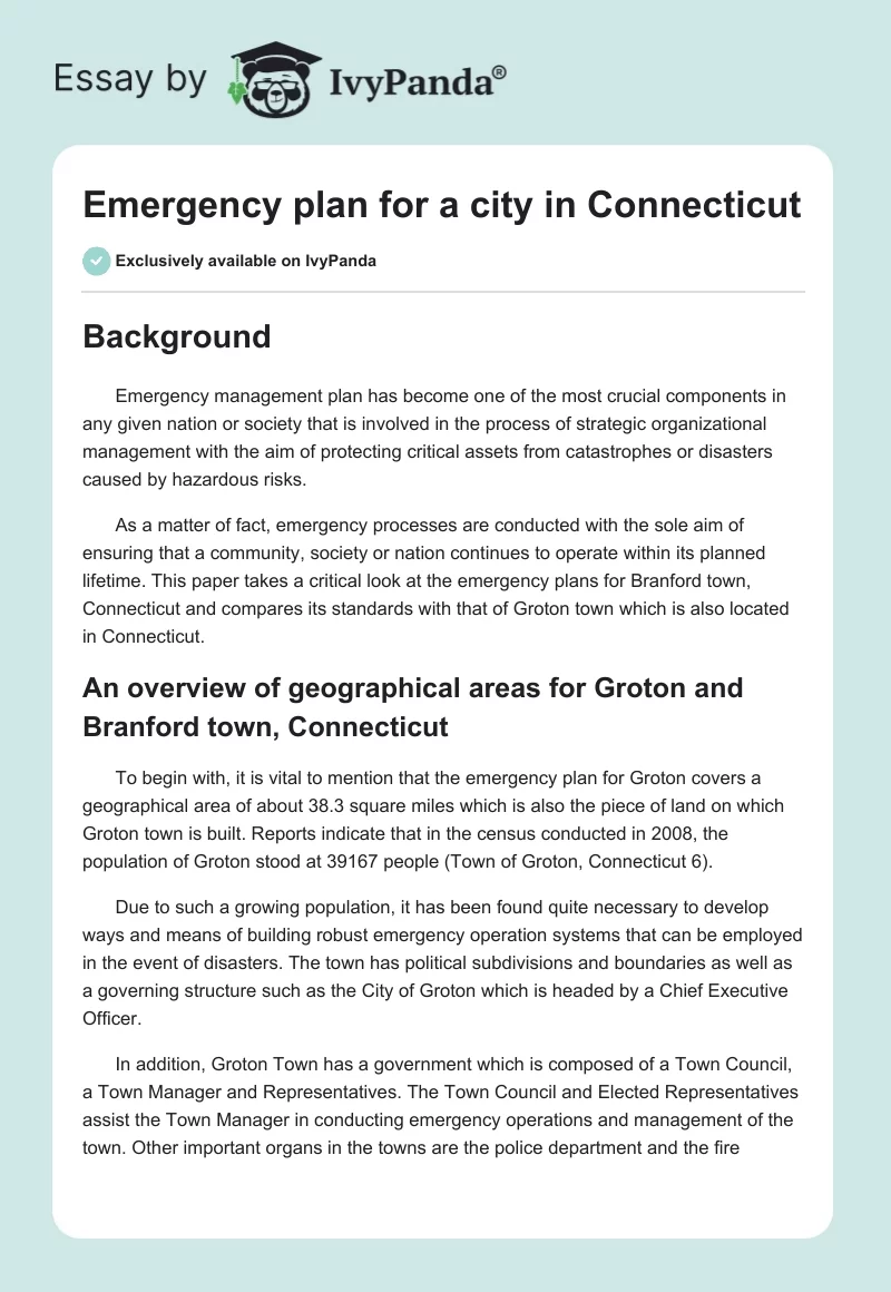 Emergency plan for a city in Connecticut. Page 1