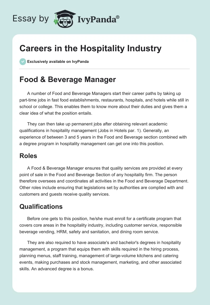 Careers in the Hospitality Industry. Page 1