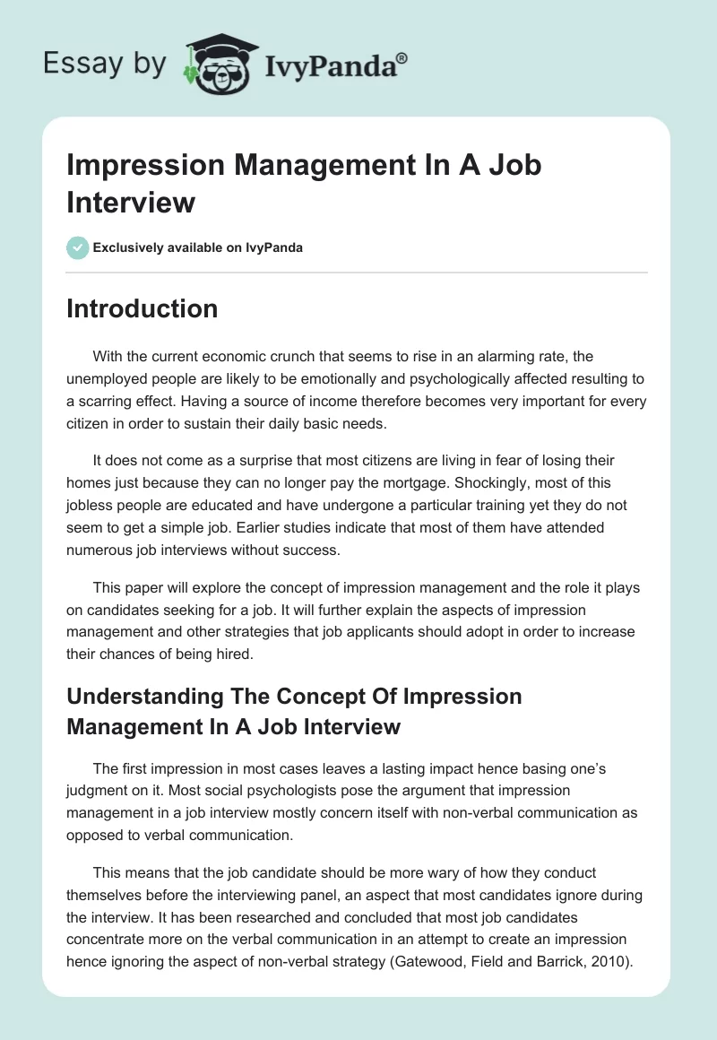 Impression Management In A Job Interview. Page 1