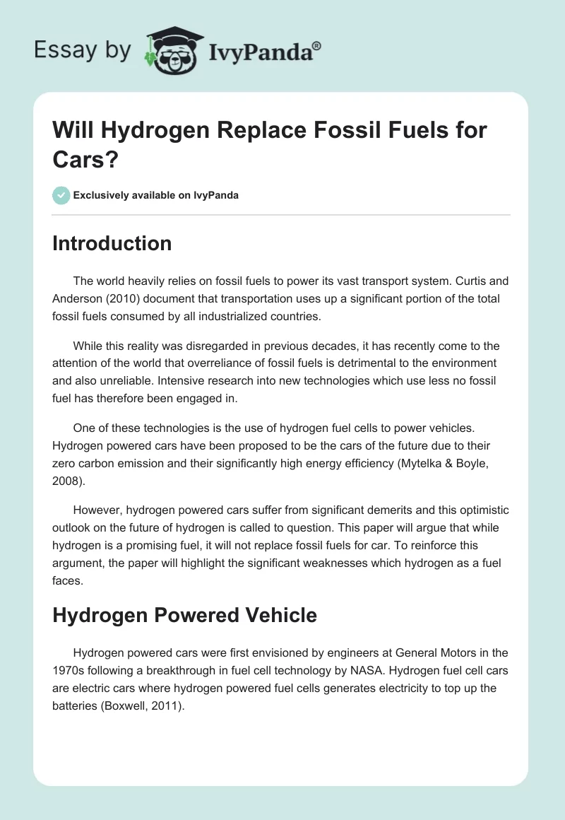 Will Hydrogen Replace Fossil Fuels for Cars?. Page 1