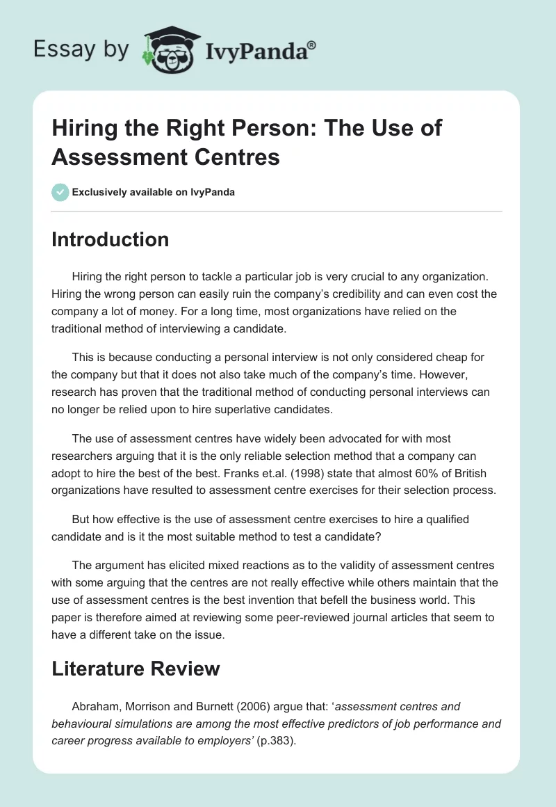 Hiring the Right Person: The Use of Assessment Centres. Page 1