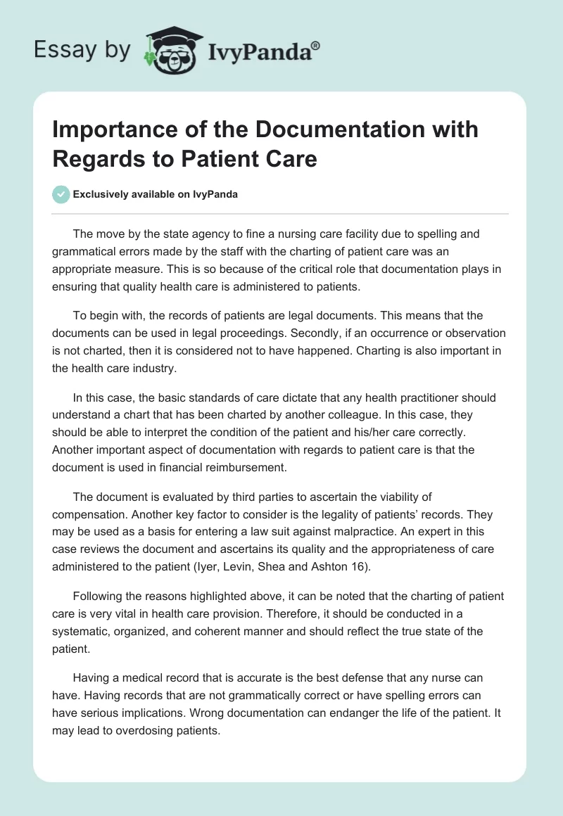 Importance of the Documentation with Regards to Patient Care . Page 1