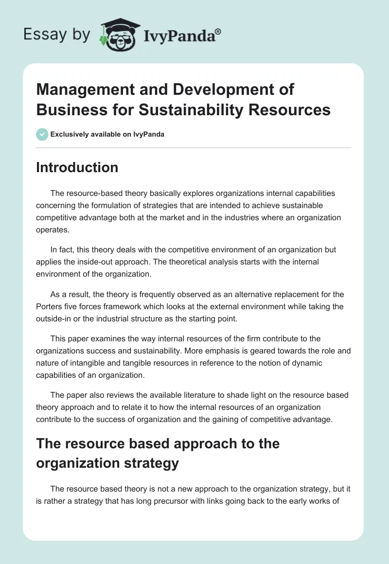 Management and Development of Business for Sustainability Resources. Page 1