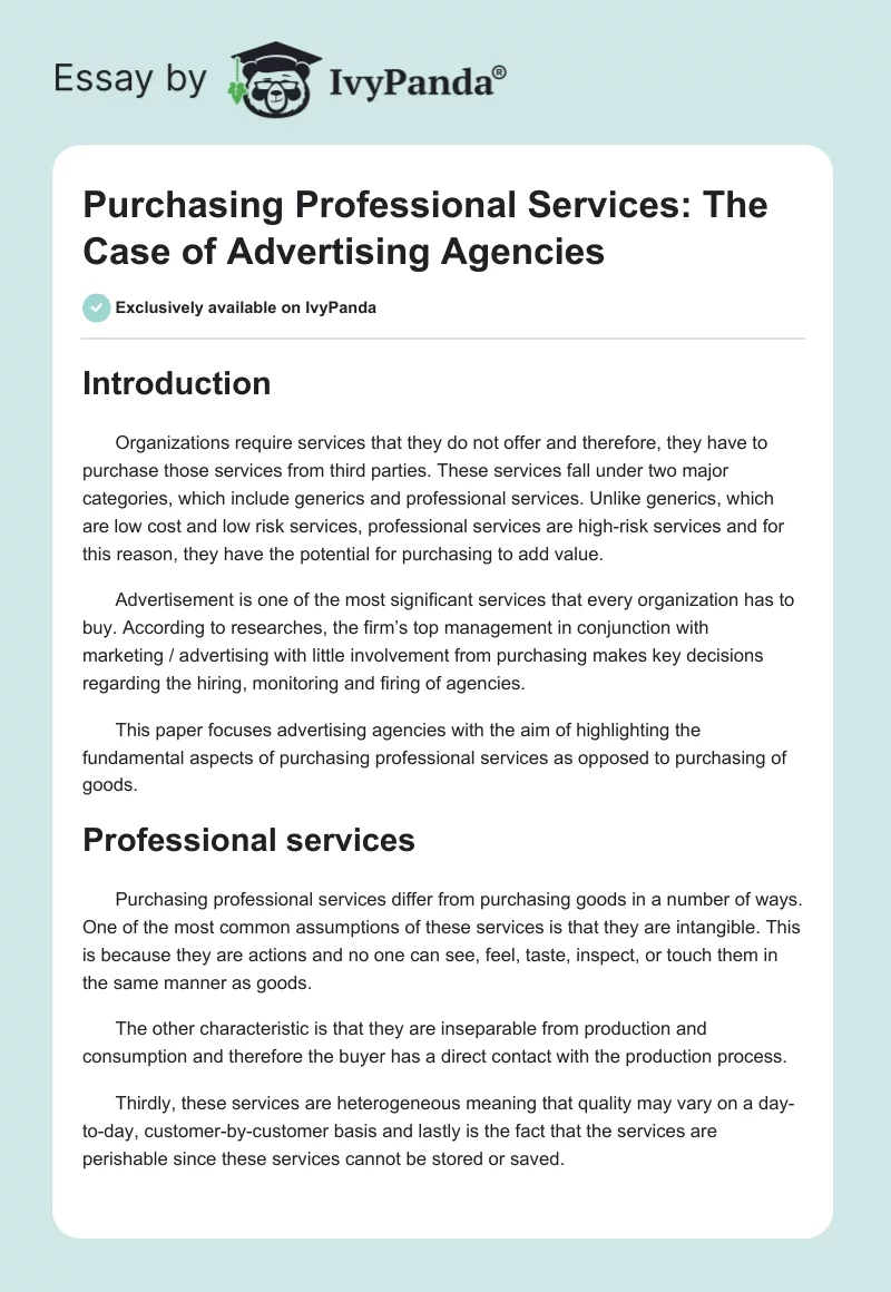 Purchasing Professional Services: The Case of Advertising Agencies. Page 1