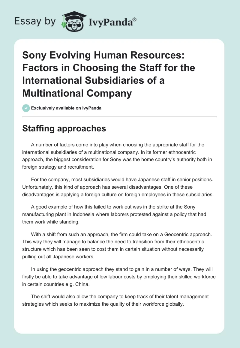 Sony Evolving Human Resources: Factors in Choosing the Staff for the International Subsidiaries of a Multinational Company. Page 1