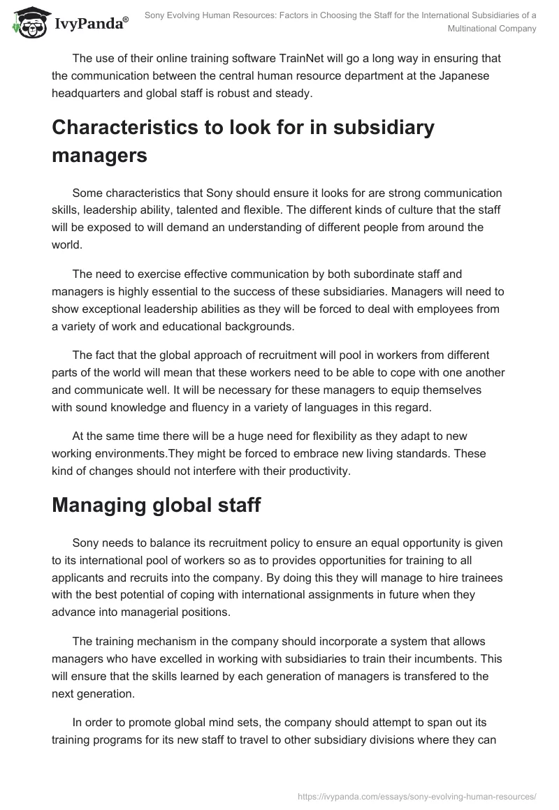 Sony Evolving Human Resources: Factors in Choosing the Staff for the International Subsidiaries of a Multinational Company. Page 2