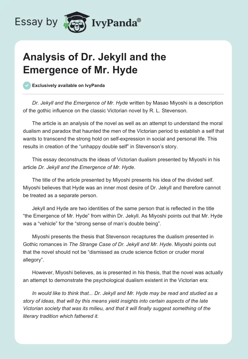 Analysis of "Dr. Jekyll and the Emergence of Mr. Hyde". Page 1