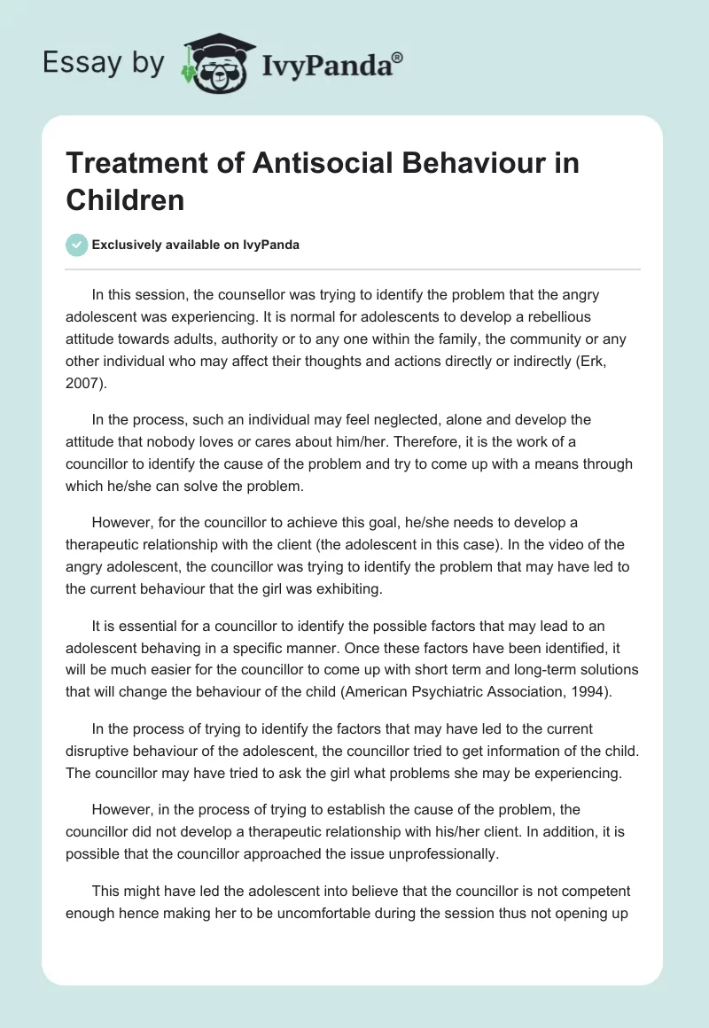Treatment of Antisocial Behaviour in Children. Page 1