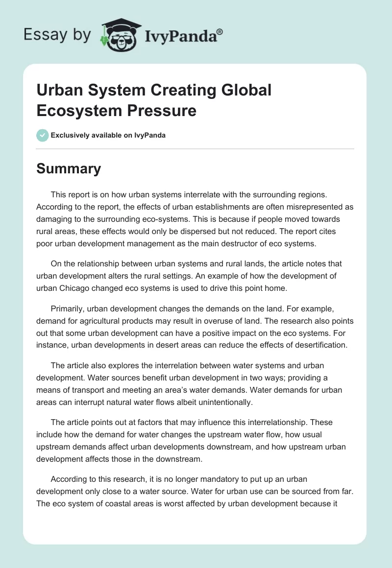 Urban System Creating Global Ecosystem Pressure. Page 1