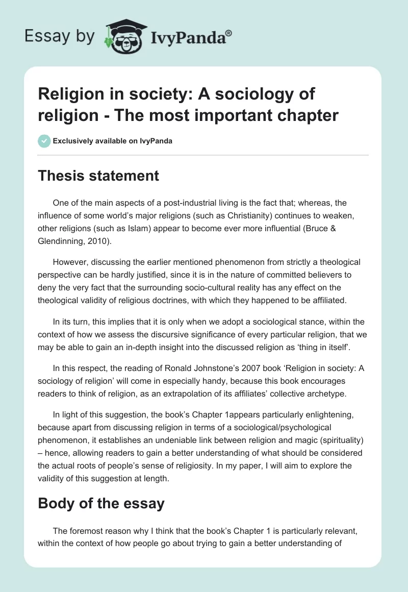 "Religion in society: A sociology of religion" - The most important chapter. Page 1