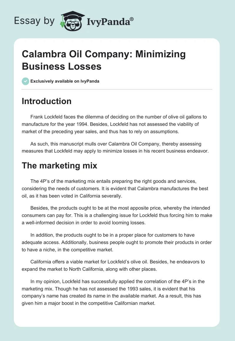 Calambra Oil Company: Minimizing Business Losses. Page 1