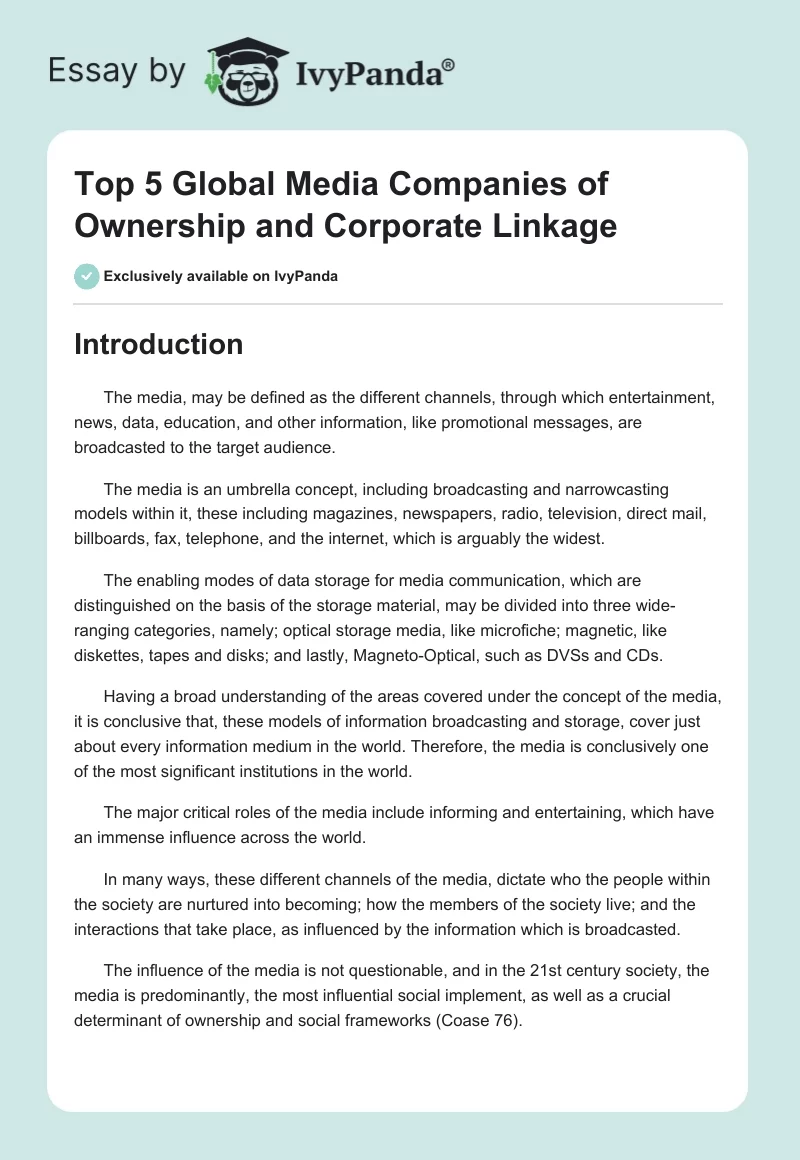 Top 5 Global Media Companies of Ownership and Corporate Linkage. Page 1