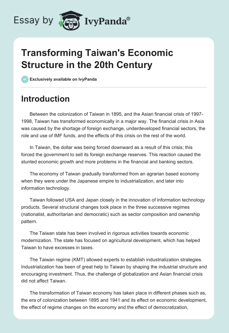 Transforming Taiwan's Economic Structure in the 20th Century. Page 1