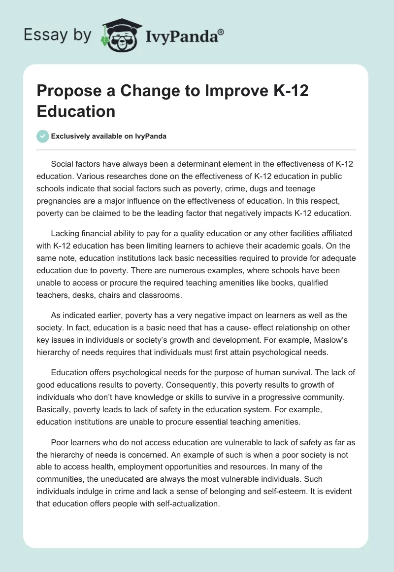 Propose a Change to Improve K-12 Education. Page 1