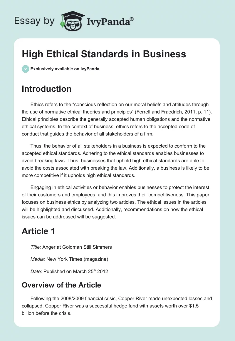 High Ethical Standards in Business. Page 1