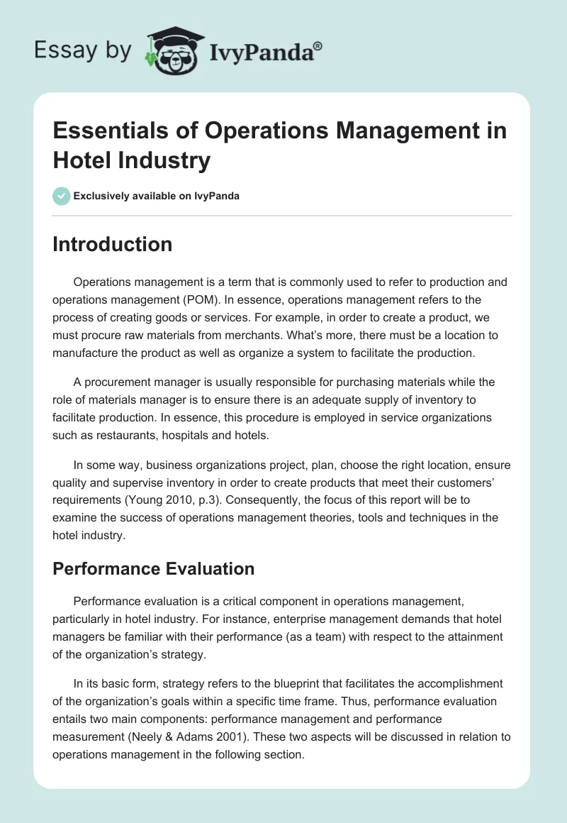Essentials of Operations Management in Hotel Industry. Page 1