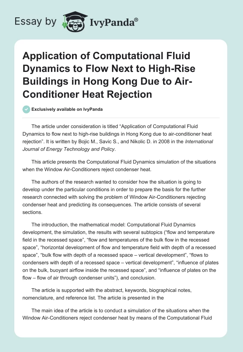 Application of Computational Fluid Dynamics to Flow Next to High-Rise Buildings in Hong Kong Due to Air-Conditioner Heat Rejection. Page 1