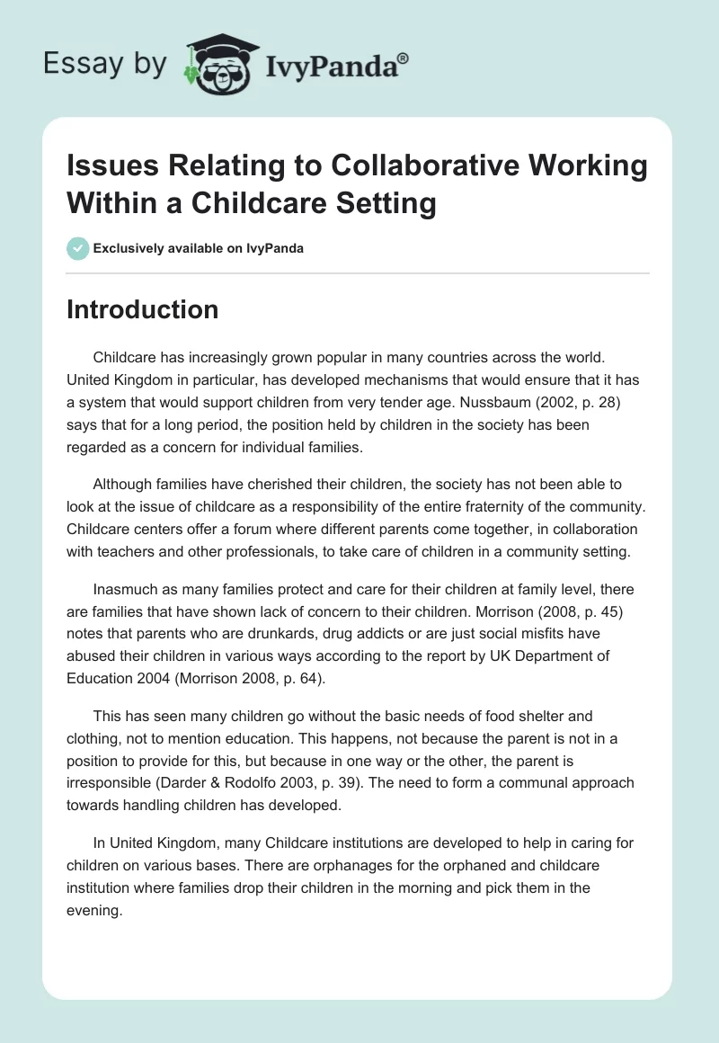 Issues Relating to Collaborative Working Within a Childcare Setting. Page 1